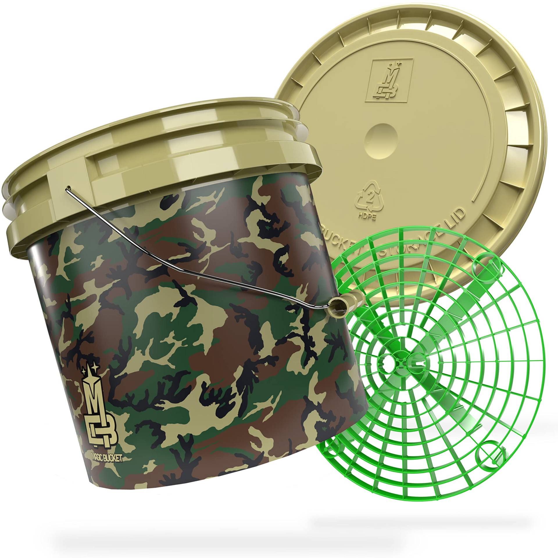 MAGIC BUCKET | Auto Handwäsche Bundle | Wascheimer mit passendem Eimer Deckel 3,5 US GALLONEN ca. 13 Liter | Mit Grit Guard Eimereinsatz Schmutzsieb | Waschset Camouflage Grün/Grün von MAGIC BUCKET