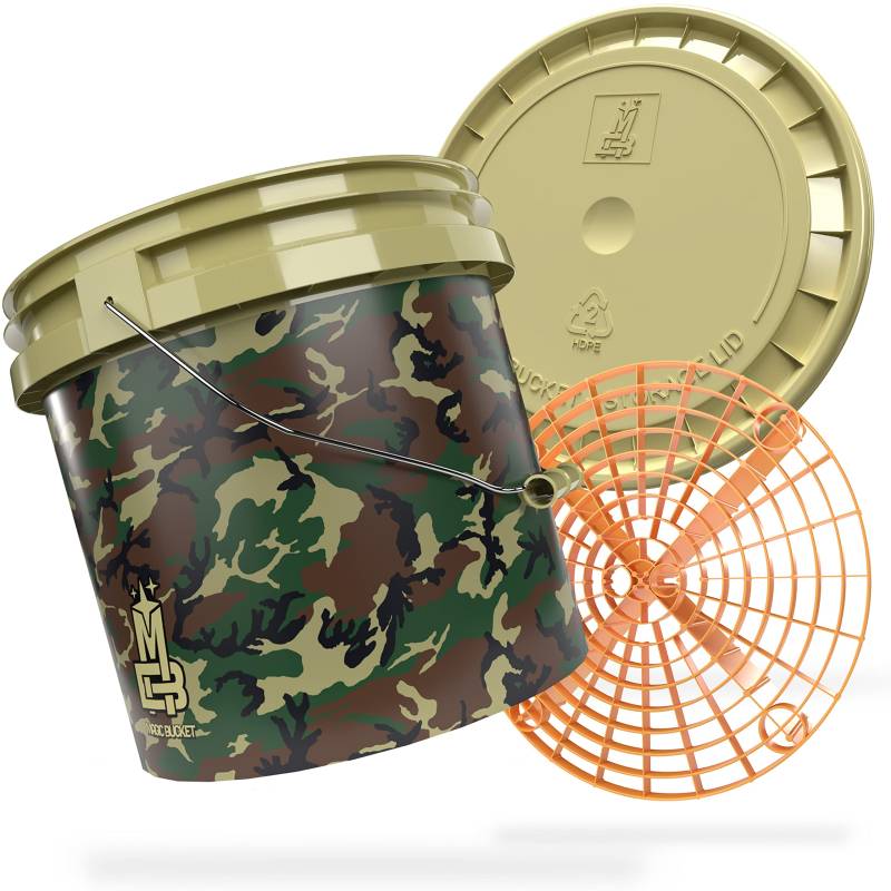 MAGIC BUCKET | Auto Handwäsche Bundle | Wascheimer mit passendem Eimer Deckel 3,5 US GALLONEN ca. 13 Liter | Mit Grit Guard Eimereinsatz Schmutzsieb | Waschset Camouflage Grün/Orange von MAGIC BUCKET