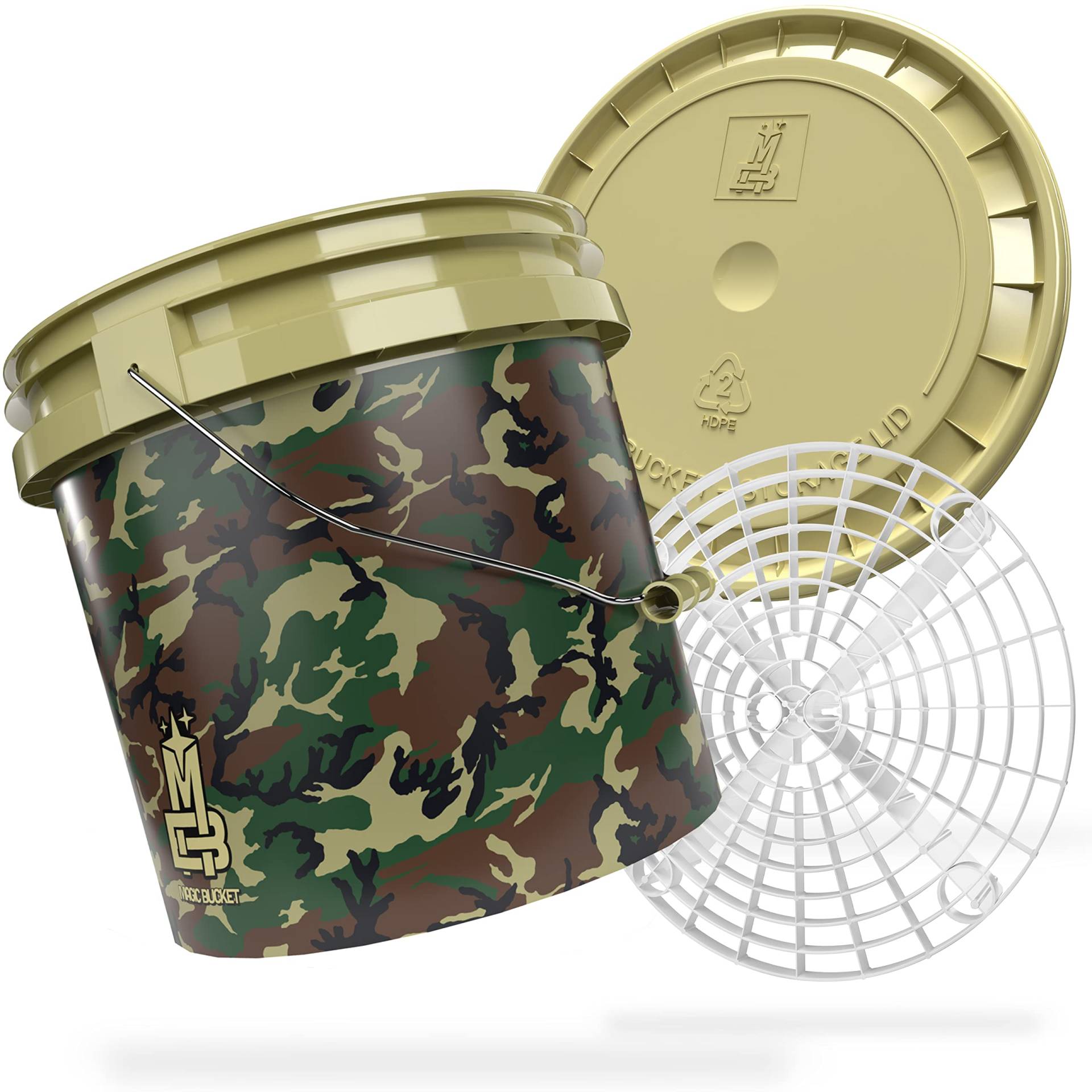 MAGIC BUCKET | Auto Handwäsche Bundle | Wascheimer mit passendem Eimer Deckel 3,5 US GALLONEN ca. 13 Liter | Mit Grit Guard Eimereinsatz Schmutzsieb | Waschset Camouflage Grün/Weiß von MAGIC BUCKET