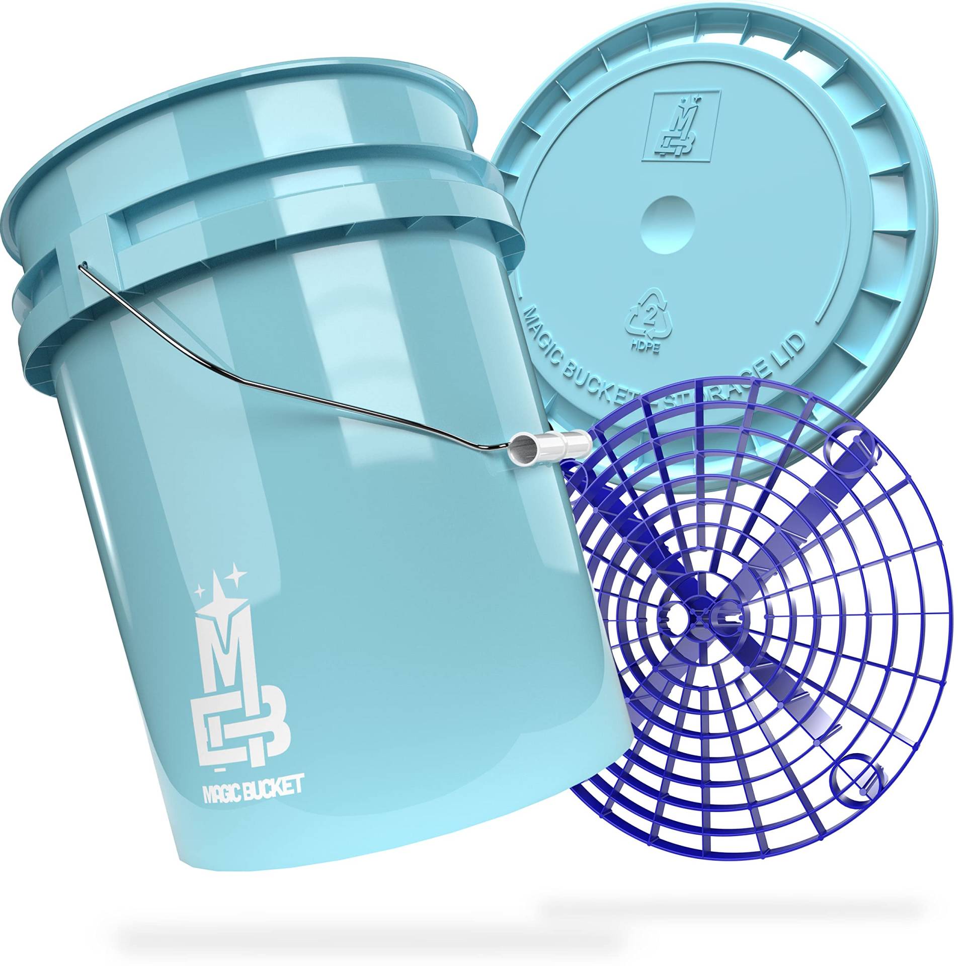 MAGIC BUCKET | Auto Handwäsche Bundle | Wascheimer mit passendem Eimer Deckel 5 US GALLONEN ca. 20 Liter | Mit Grit Guard Eimereinsatz Schmutzsieb | Waschset Baby Blau/Blau von MAGIC BUCKET