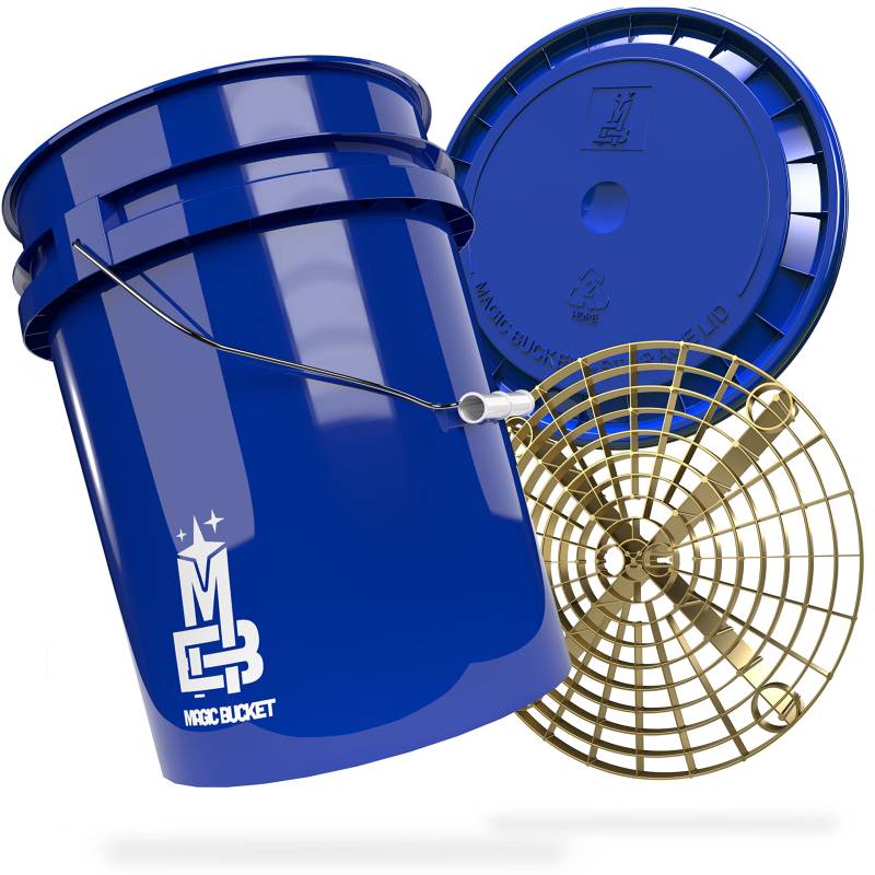 MAGIC BUCKET | Auto Handwäsche Bundle | Wascheimer mit passendem Eimer Deckel 5 US GALLONEN ca. 20 Liter | Mit Grit Guard Eimereinsatz Schmutzsieb | Waschset Blau/Gold von MAGIC BUCKET