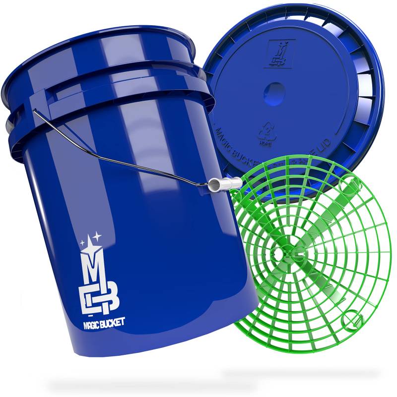 MAGIC BUCKET | Auto Handwäsche Bundle | Wascheimer mit passendem Eimer Deckel 5 US GALLONEN ca. 20 Liter | Mit Grit Guard Eimereinsatz Schmutzsieb | Waschset Blau/Grün von MAGIC BUCKET