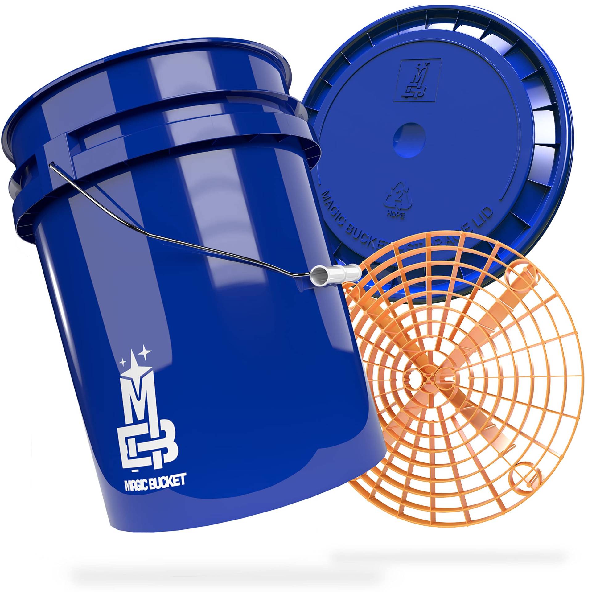 MAGIC BUCKET | Auto Handwäsche Bundle | Wascheimer mit passendem Eimer Deckel 5 US GALLONEN ca. 20 Liter | Mit Grit Guard Eimereinsatz Schmutzsieb | Waschset Blau/Orange von MAGIC BUCKET