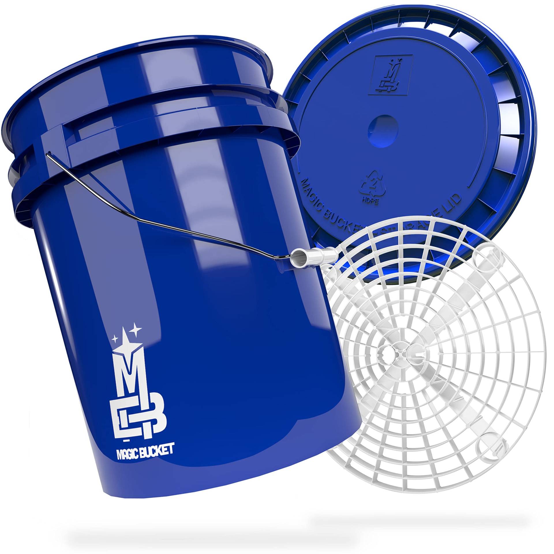 MAGIC BUCKET | Auto Handwäsche Bundle | Wascheimer mit passendem Eimer Deckel 5 US GALLONEN ca. 20 Liter | Mit Grit Guard Eimereinsatz Schmutzsieb | Waschset Blau/Weiß von MAGIC BUCKET