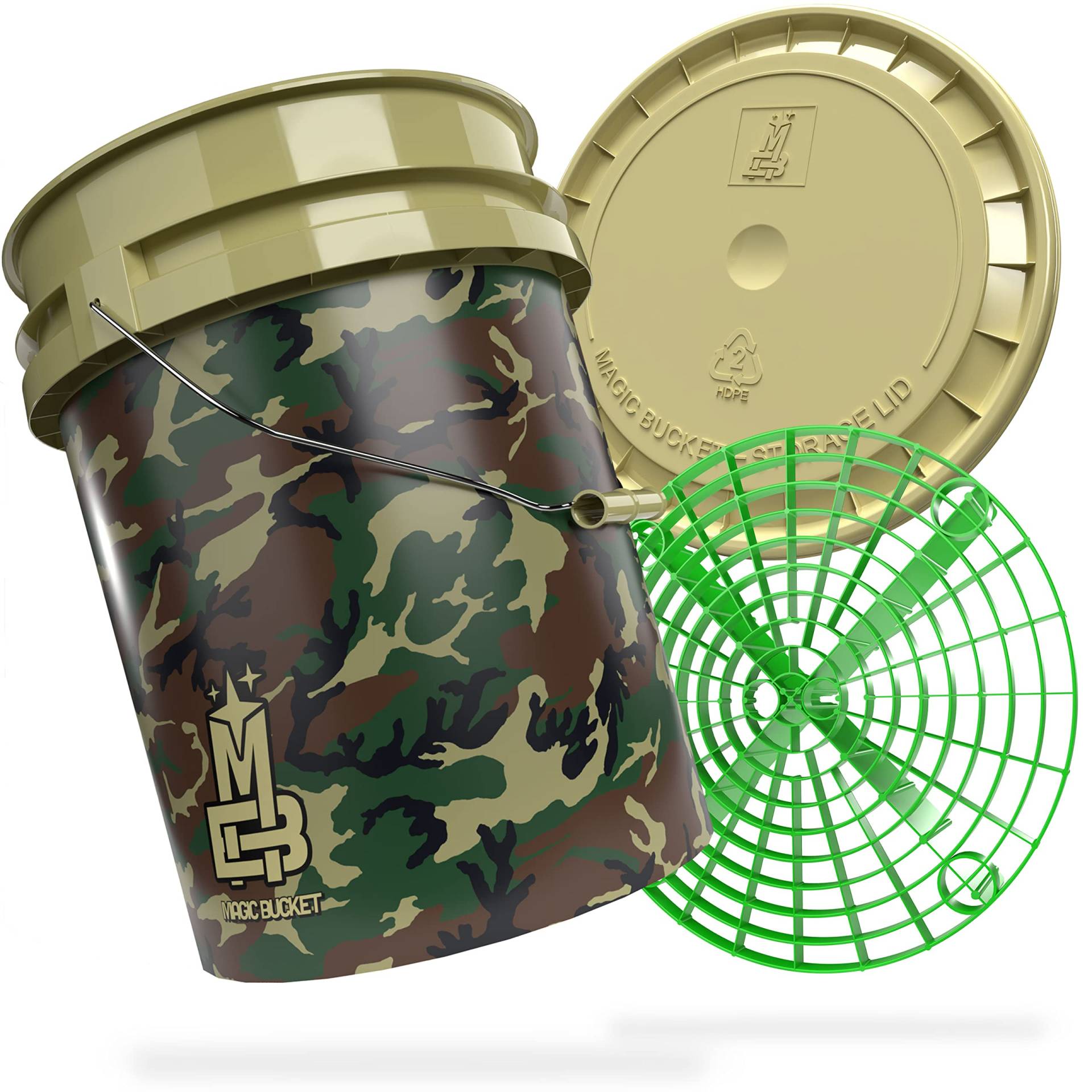 MAGIC BUCKET | Auto Handwäsche Bundle | Wascheimer mit passendem Eimer Deckel 5 US GALLONEN ca. 20 Liter | Mit Grit Guard Eimereinsatz Schmutzsieb | Waschset Camouflage Grün/Grün von MAGIC BUCKET