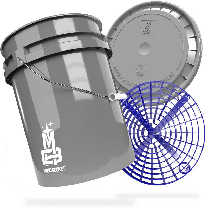 MAGIC BUCKET | Auto Handwäsche Bundle | Wascheimer mit passendem Eimer Deckel 5 US GALLONEN ca. 20 Liter | Mit Grit Guard Eimereinsatz Schmutzsieb | Waschset Grau/Blau von MAGIC BUCKET