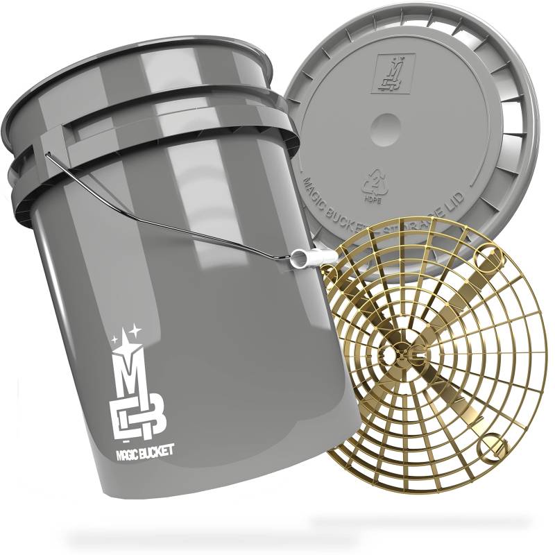 MAGIC BUCKET | Auto Handwäsche Bundle | Wascheimer mit passendem Eimer Deckel 5 US GALLONEN ca. 20 Liter | Mit Grit Guard Eimereinsatz Schmutzsieb | Waschset Grau/Gold von MAGIC BUCKET