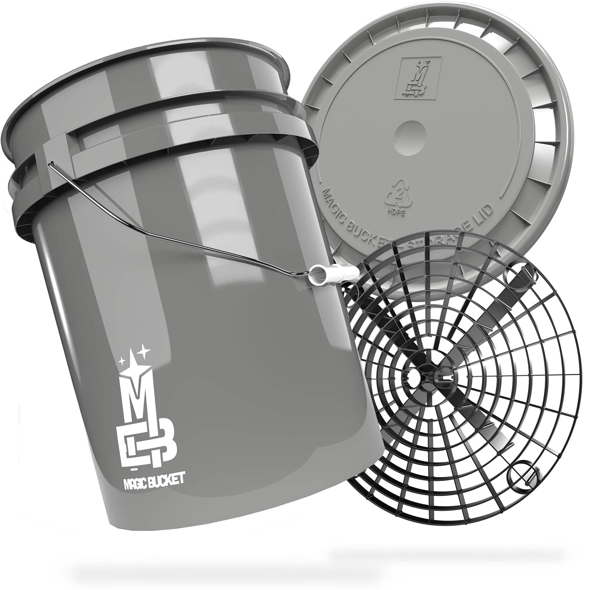 MAGIC BUCKET | Auto Handwäsche Bundle | Wascheimer mit passendem Eimer Deckel 5 US GALLONEN ca. 20 Liter | Mit Grit Guard Eimereinsatz Schmutzsieb | Waschset Grau/Schwarz von MAGIC BUCKET