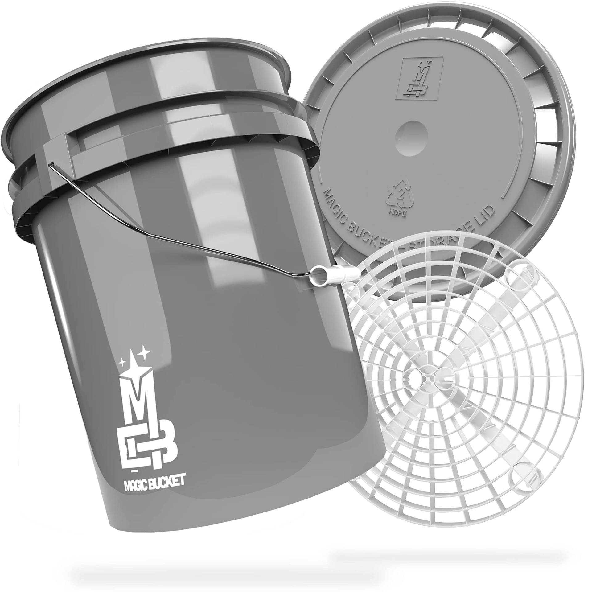 MAGIC BUCKET | Auto Handwäsche Bundle | Wascheimer mit passendem Eimer Deckel 5 US GALLONEN ca. 20 Liter | Mit Grit Guard Eimereinsatz Schmutzsieb | Waschset Grau/Weiß von MAGIC BUCKET