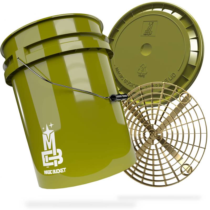 MAGIC BUCKET | Auto Handwäsche Bundle | Wascheimer mit passendem Eimer Deckel 5 US GALLONEN ca. 20 Liter | Mit Grit Guard Eimereinsatz Schmutzsieb | Waschset Khaki/Gold von MAGIC BUCKET