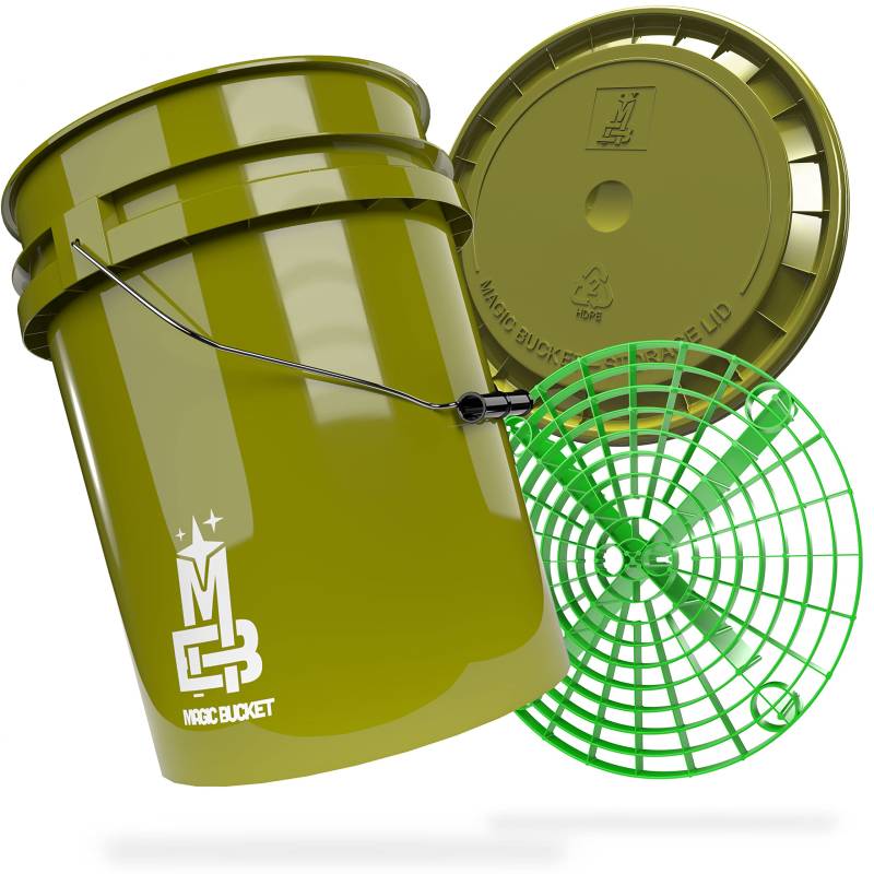 MAGIC BUCKET | Auto Handwäsche Bundle | Wascheimer mit passendem Eimer Deckel 5 US GALLONEN ca. 20 Liter | Mit Grit Guard Eimereinsatz Schmutzsieb | Waschset Khaki/Grün von MAGIC BUCKET