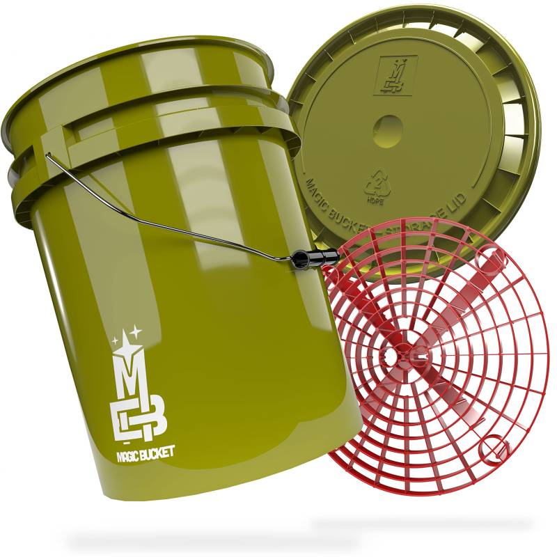 MAGIC BUCKET | Auto Handwäsche Bundle | Wascheimer mit passendem Eimer Deckel 5 US GALLONEN ca. 20 Liter | Mit Grit Guard Eimereinsatz Schmutzsieb | Waschset Khaki/Rot von MAGIC BUCKET