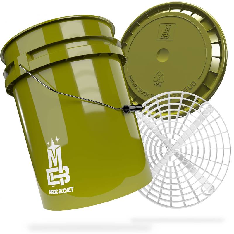 MAGIC BUCKET | Auto Handwäsche Bundle | Wascheimer mit passendem Eimer Deckel 5 US GALLONEN ca. 20 Liter | Mit Grit Guard Eimereinsatz Schmutzsieb | Waschset Khaki/Weiß von MAGIC BUCKET