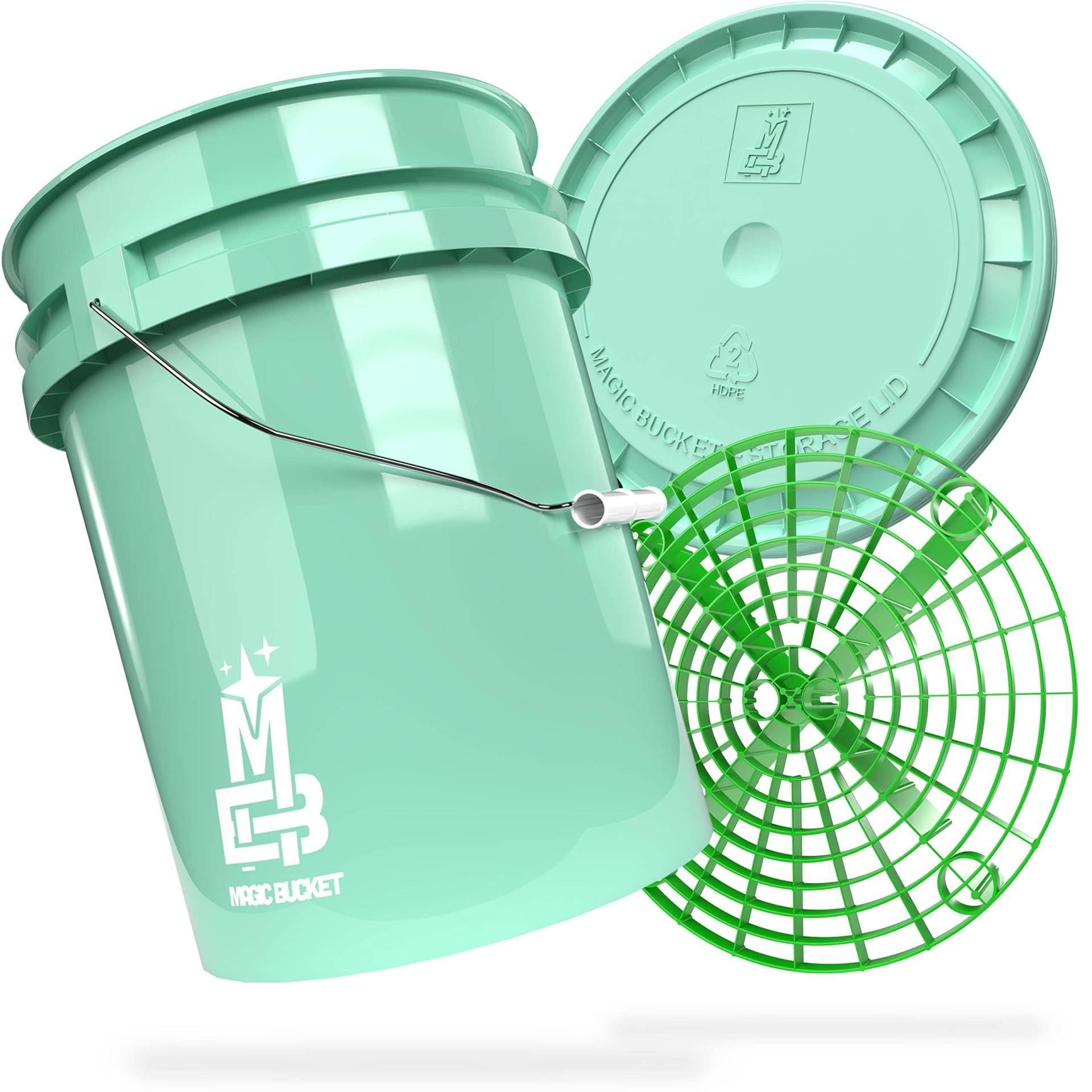 MAGIC BUCKET | Auto Handwäsche Bundle | Wascheimer mit passendem Eimer Deckel 5 US GALLONEN ca. 20 Liter | Mit Grit Guard Eimereinsatz Schmutzsieb | Waschset Mint/Grün von MAGIC BUCKET