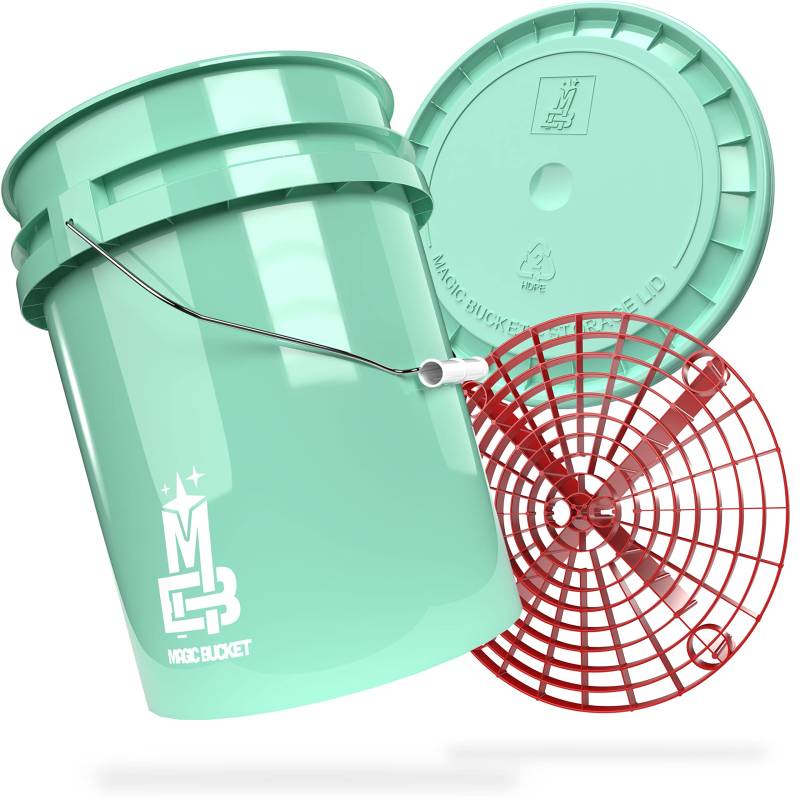 MAGIC BUCKET | Auto Handwäsche Bundle | Wascheimer mit passendem Eimer Deckel 5 US GALLONEN ca. 20 Liter | Mit Grit Guard Eimereinsatz Schmutzsieb | Waschset Mint/Rot von MAGIC BUCKET