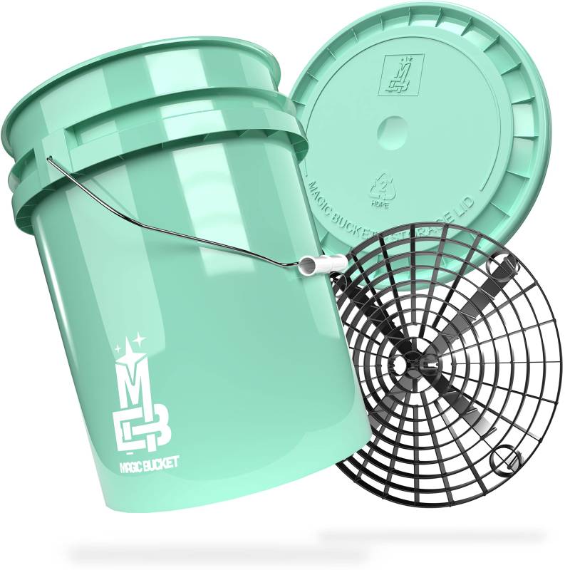 MAGIC BUCKET | Auto Handwäsche Bundle | Wascheimer mit passendem Eimer Deckel 5 US GALLONEN ca. 20 Liter | Mit Grit Guard Eimereinsatz Schmutzsieb | Waschset Mint/Schwarz von MAGIC BUCKET