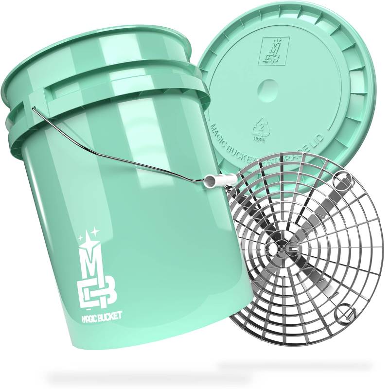 MAGIC BUCKET | Auto Handwäsche Bundle | Wascheimer mit passendem Eimer Deckel 5 US GALLONEN ca. 20 Liter | Mit Grit Guard Eimereinsatz Schmutzsieb | Waschset Mint/Silber von MAGIC BUCKET