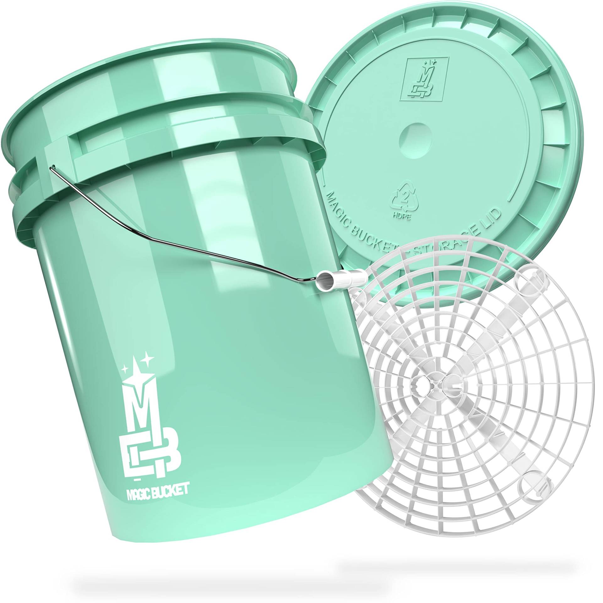 MAGIC BUCKET | Auto Handwäsche Bundle | Wascheimer mit passendem Eimer Deckel 5 US GALLONEN ca. 20 Liter | Mit Grit Guard Eimereinsatz Schmutzsieb | Waschset Mint/Weiß von MAGIC BUCKET