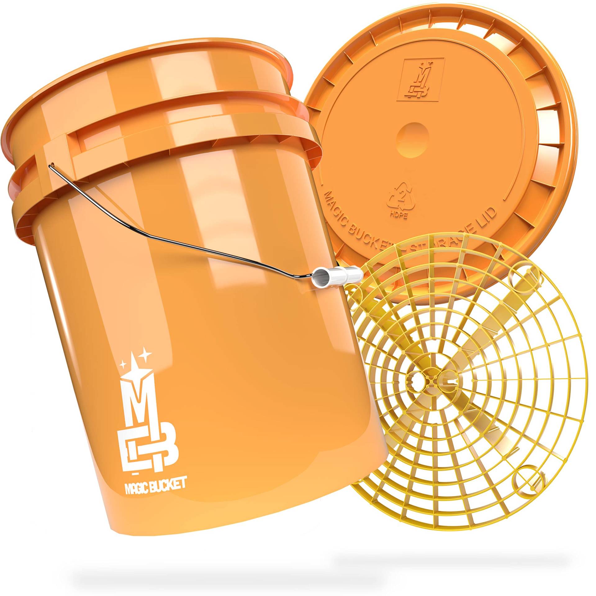 MAGIC BUCKET | Auto Handwäsche Bundle | Wascheimer mit passendem Eimer Deckel 5 US GALLONEN ca. 20 Liter | Mit Grit Guard Eimereinsatz Schmutzsieb | Waschset Orange/Gelb von MAGIC BUCKET