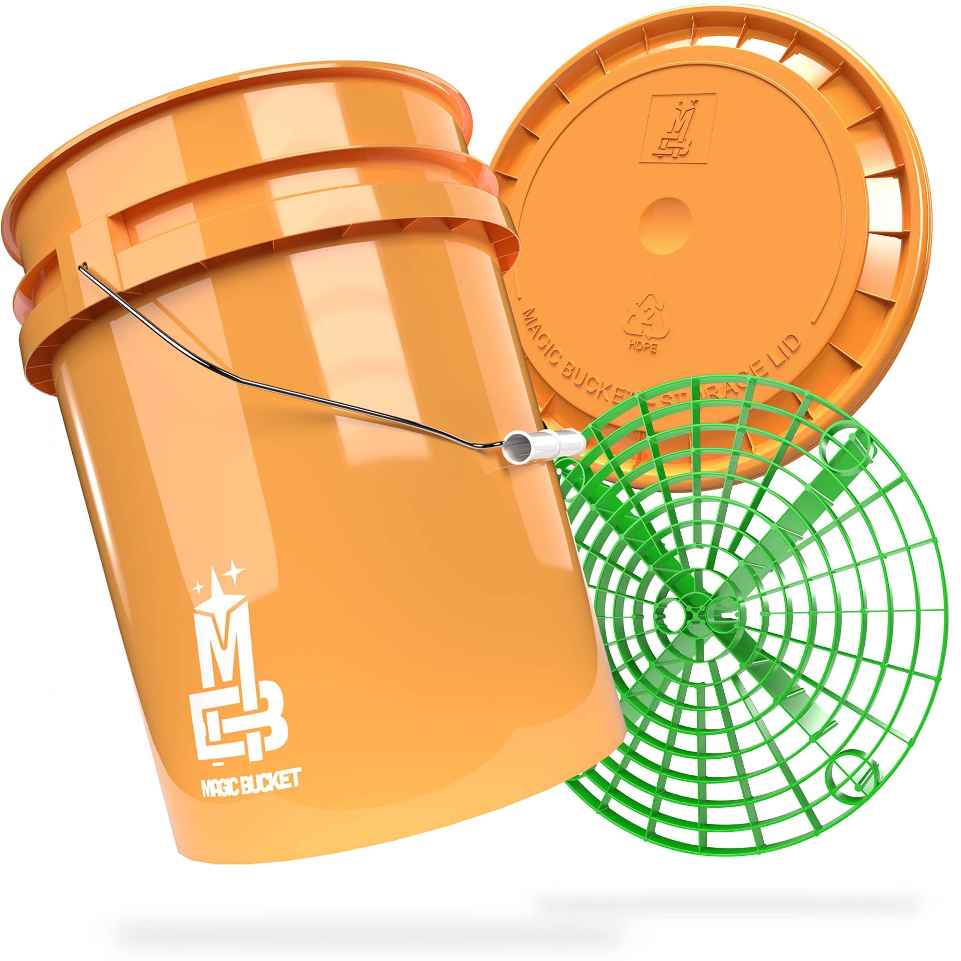 MAGIC BUCKET | Auto Handwäsche Bundle | Wascheimer mit passendem Eimer Deckel 5 US GALLONEN ca. 20 Liter | Mit Grit Guard Eimereinsatz Schmutzsieb | Waschset Orange/Grün von MAGIC BUCKET