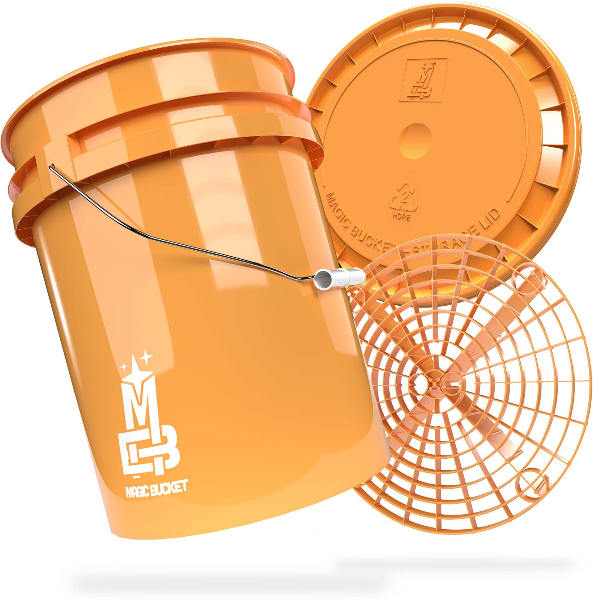 MAGIC BUCKET | Auto Handwäsche Bundle | Wascheimer mit passendem Eimer Deckel 5 US GALLONEN ca. 20 Liter | Mit Grit Guard Eimereinsatz Schmutzsieb | Waschset Orange/Orange von MAGIC BUCKET