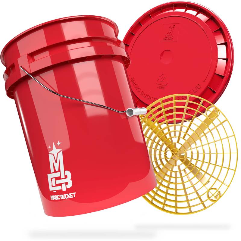 MAGIC BUCKET | Auto Handwäsche Bundle | Wascheimer mit passendem Eimer Deckel 5 US GALLONEN ca. 20 Liter | Mit Grit Guard Eimereinsatz Schmutzsieb | Waschset Rot/Gelb von MAGIC BUCKET