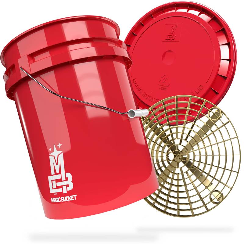 MAGIC BUCKET | Auto Handwäsche Bundle | Wascheimer mit passendem Eimer Deckel 5 US GALLONEN ca. 20 Liter | Mit Grit Guard Eimereinsatz Schmutzsieb | Waschset Rot/Gold von MAGIC BUCKET