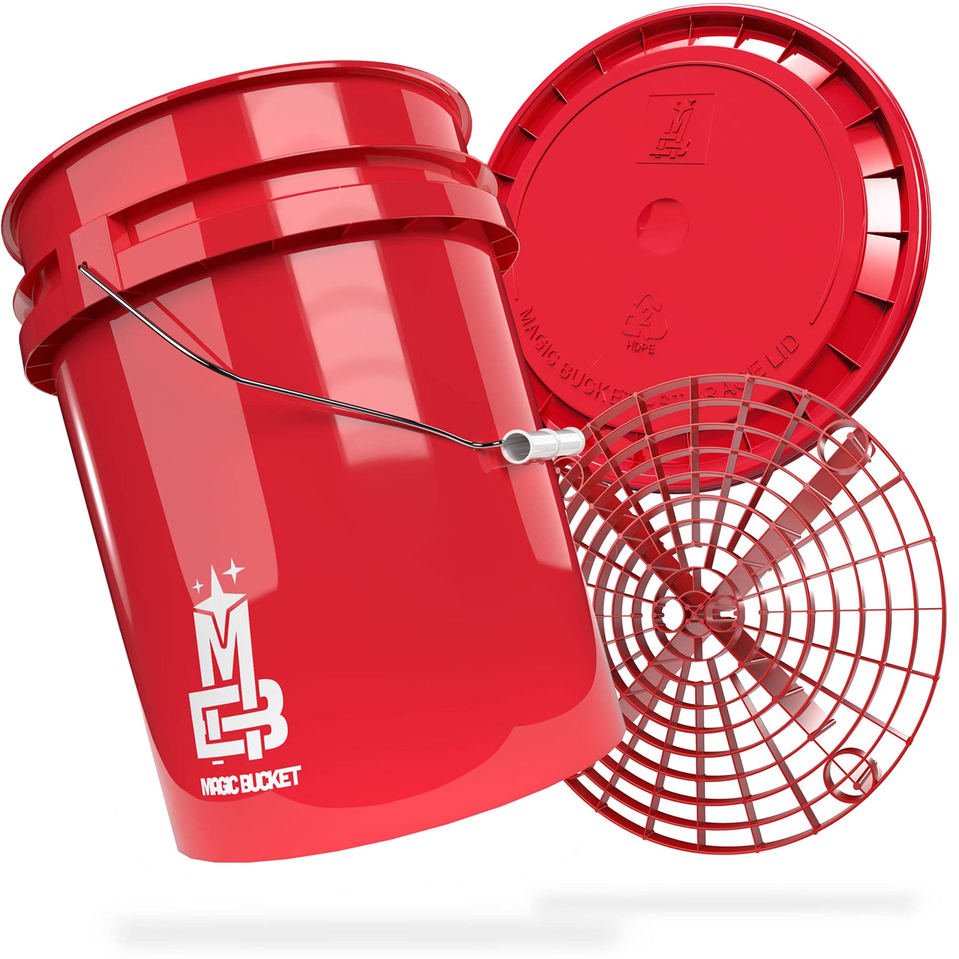 MAGIC BUCKET | Auto Handwäsche Bundle | Wascheimer mit passendem Eimer Deckel 5 US GALLONEN ca. 20 Liter | Mit Grit Guard Eimereinsatz Schmutzsieb | Waschset Rot/Rot von MAGIC BUCKET