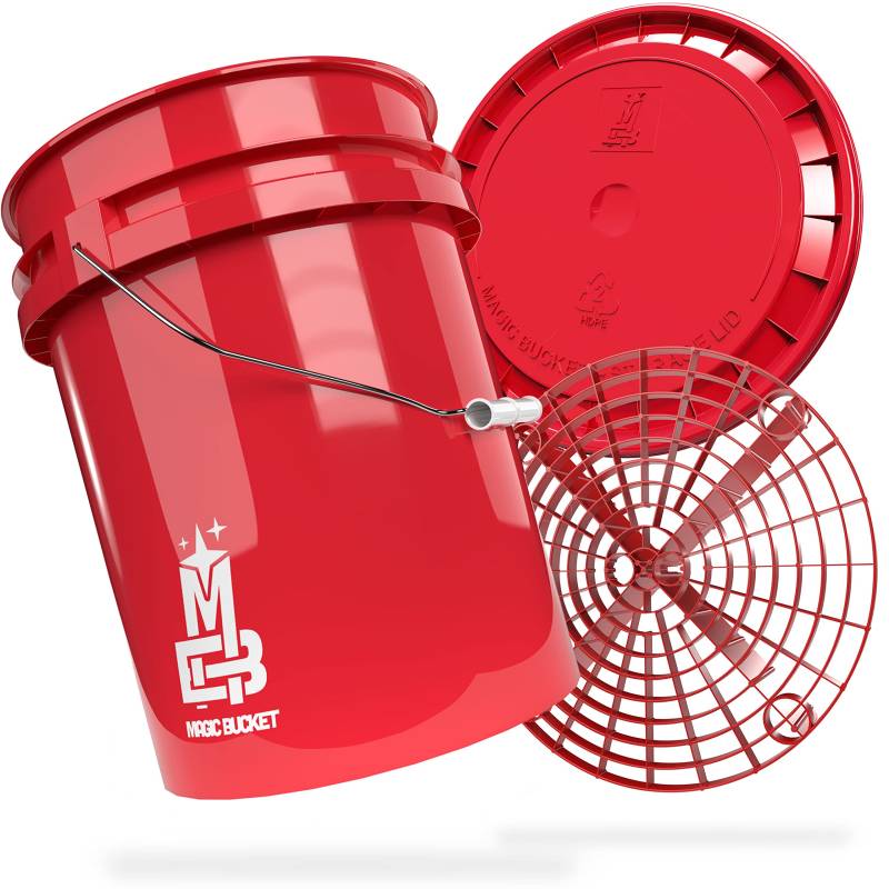 MAGIC BUCKET | Auto Handwäsche Bundle | Wascheimer mit passendem Eimer Deckel 5 US GALLONEN ca. 20 Liter | Mit Grit Guard Eimereinsatz Schmutzsieb | Waschset Rot/Rot von MAGIC BUCKET