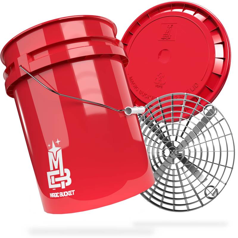 MAGIC BUCKET | Auto Handwäsche Bundle | Wascheimer mit passendem Eimer Deckel 5 US GALLONEN ca. 20 Liter | Mit Grit Guard Eimereinsatz Schmutzsieb | Waschset Rot/Silber von MAGIC BUCKET