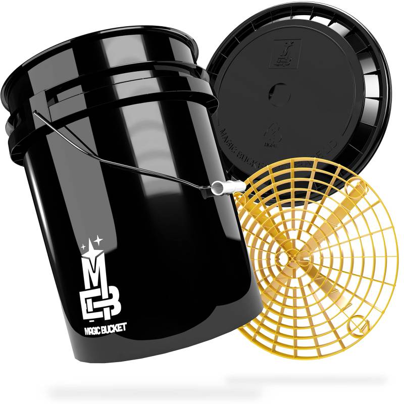 MAGIC BUCKET | Auto Handwäsche Bundle | Wascheimer mit passendem Eimer Deckel 5 US GALLONEN ca. 20 Liter | Mit Grit Guard Eimereinsatz Schmutzsieb | Waschset Schwarz/Gelb von MAGIC BUCKET