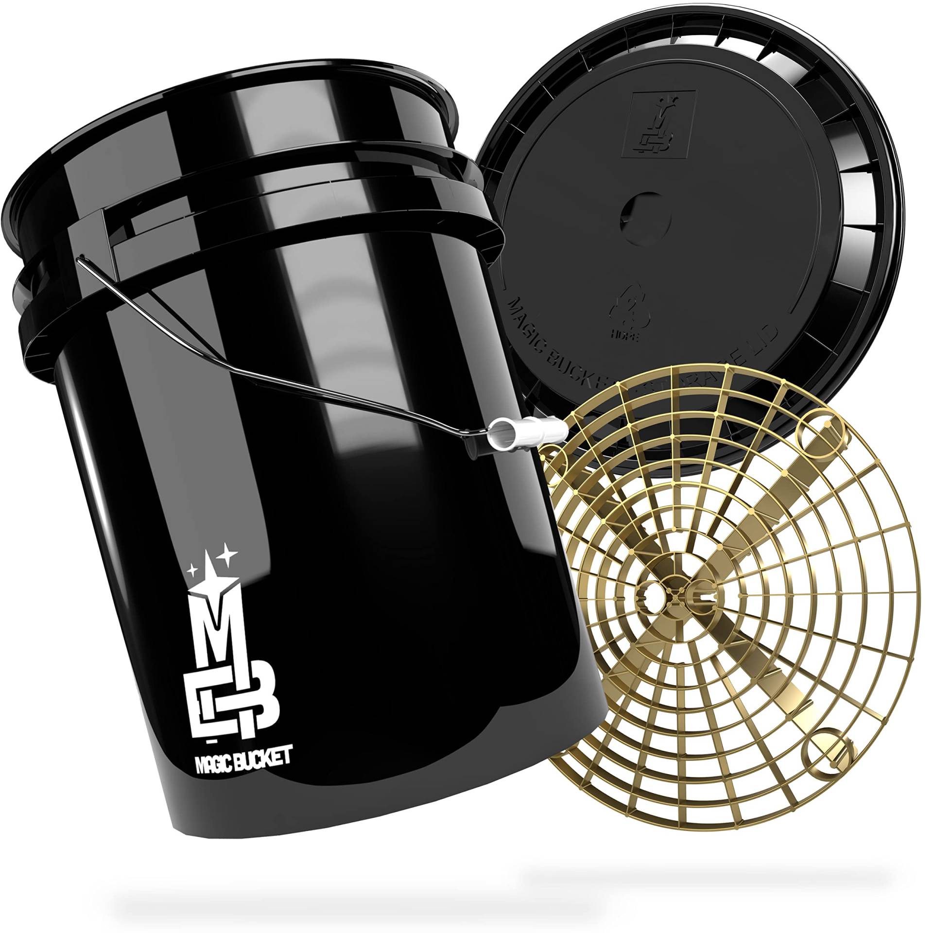 MAGIC BUCKET | Auto Handwäsche Bundle | Wascheimer mit passendem Eimer Deckel 5 US GALLONEN ca. 20 Liter | Mit Grit Guard Eimereinsatz Schmutzsieb | Waschset Schwarz/Gold von MAGIC BUCKET