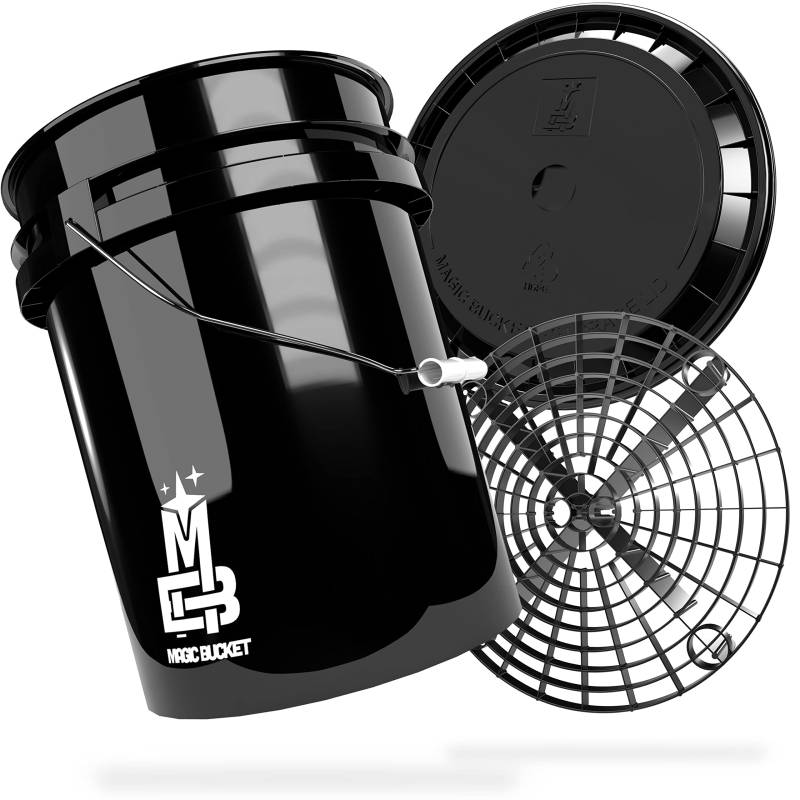 MAGIC BUCKET | Auto Handwäsche Bundle | Wascheimer mit passendem Eimer Deckel 5 US GALLONEN ca. 20 Liter | Mit Grit Guard Eimereinsatz Schmutzsieb | Waschset Schwarz/Schwarz von MAGIC BUCKET