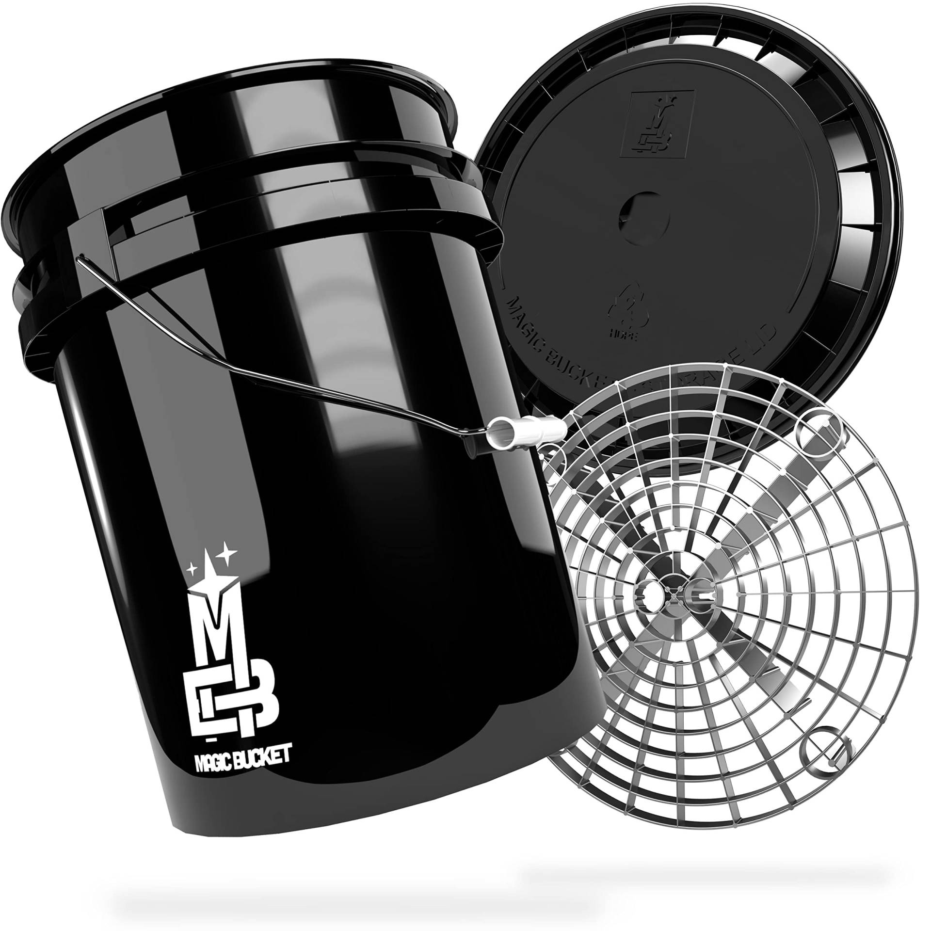 MAGIC BUCKET | Auto Handwäsche Bundle | Wascheimer mit passendem Eimer Deckel 5 US GALLONEN ca. 20 Liter | Mit Grit Guard Eimereinsatz Schmutzsieb | Waschset Schwarz/Silber von MAGIC BUCKET