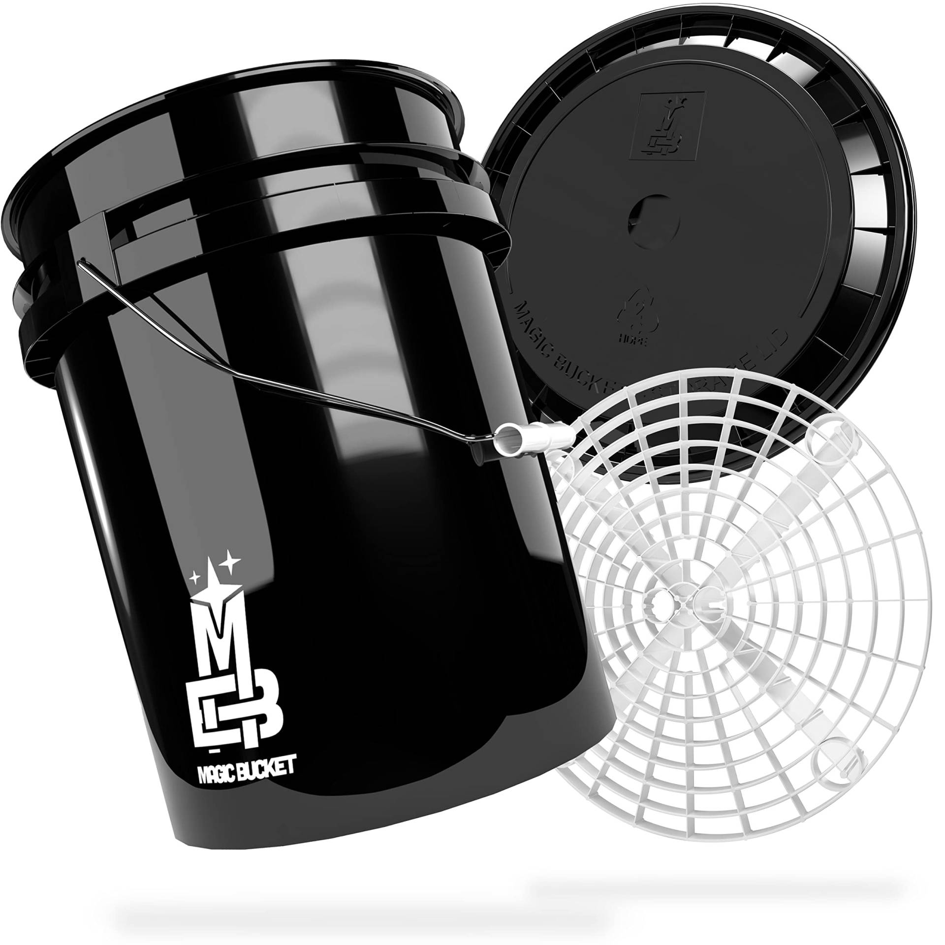 MAGIC BUCKET | Auto Handwäsche Bundle | Wascheimer mit passendem Eimer Deckel 5 US GALLONEN ca. 20 Liter | Mit Grit Guard Eimereinsatz Schmutzsieb | Waschset Schwarz/Weiß von MAGIC BUCKET