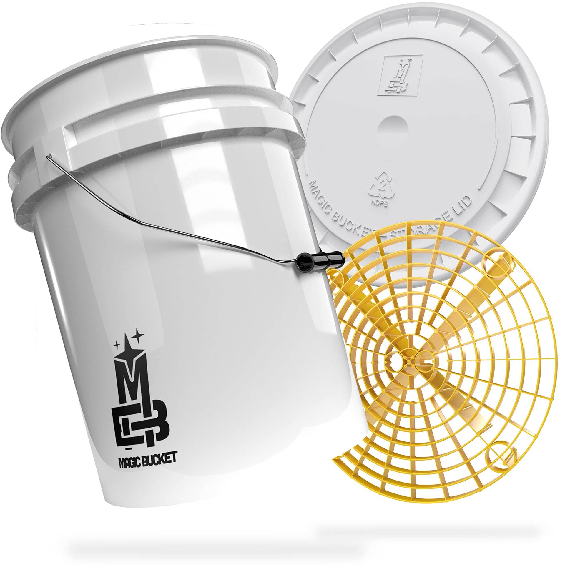 MAGIC BUCKET | Auto Handwäsche Bundle | Wascheimer mit passendem Eimer Deckel 5 US GALLONEN ca. 20 Liter | Mit Grit Guard Eimereinsatz Schmutzsieb | Waschset Weiß/Gelb von MAGIC BUCKET