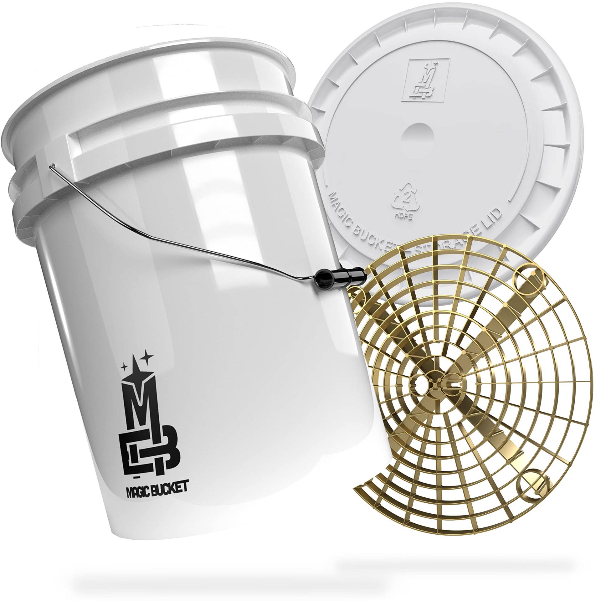 MAGIC BUCKET | Auto Handwäsche Bundle | Wascheimer mit passendem Eimer Deckel 5 US GALLONEN ca. 20 Liter | Mit Grit Guard Eimereinsatz Schmutzsieb | Waschset Weiß/Gold von MAGIC BUCKET