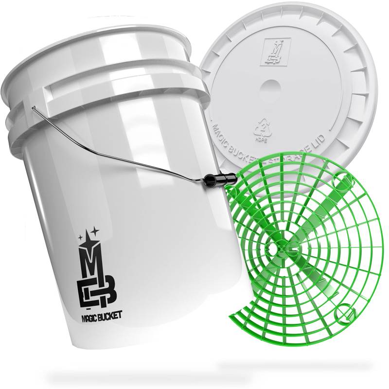 MAGIC BUCKET | Auto Handwäsche Bundle | Wascheimer mit passendem Eimer Deckel 5 US GALLONEN ca. 20 Liter | Mit Grit Guard Eimereinsatz Schmutzsieb | Waschset Weiß/Grün von MAGIC BUCKET