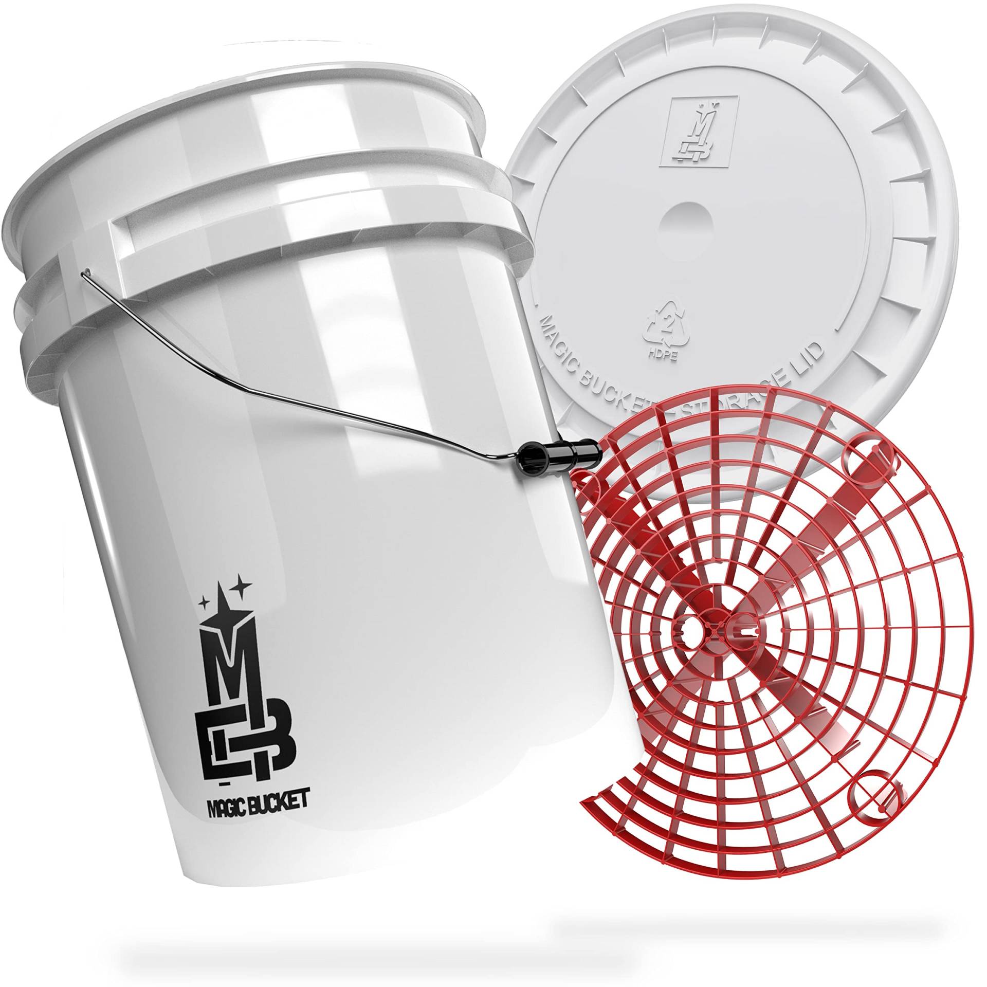 MAGIC BUCKET | Auto Handwäsche Bundle | Wascheimer mit passendem Eimer Deckel 5 US GALLONEN ca. 20 Liter | Mit Grit Guard Eimereinsatz Schmutzsieb | Waschset Weiß/Rot von MAGIC BUCKET