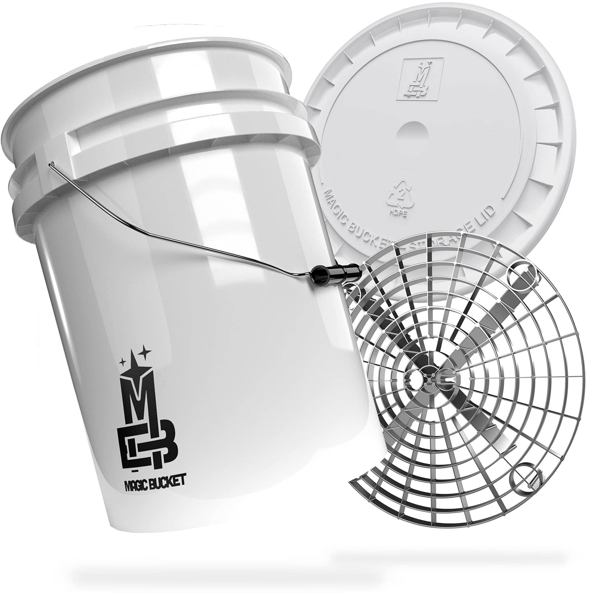 MAGIC BUCKET | Auto Handwäsche Bundle | Wascheimer mit passendem Eimer Deckel 5 US GALLONEN ca. 20 Liter | Mit Grit Guard Eimereinsatz Schmutzsieb | Waschset Weiß/Silber von MAGIC BUCKET