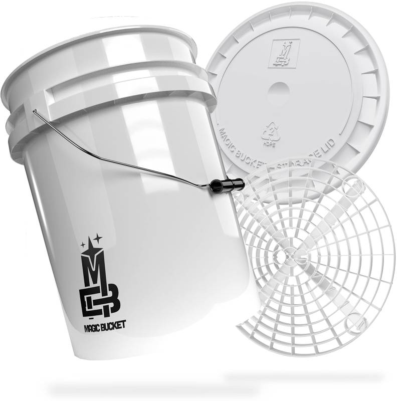 MAGIC BUCKET | Auto Handwäsche Bundle | Wascheimer mit passendem Eimer Deckel 5 US GALLONEN ca. 20 Liter | Mit Grit Guard Eimereinsatz Schmutzsieb | Waschset Weiß/Weiß von MAGIC BUCKET