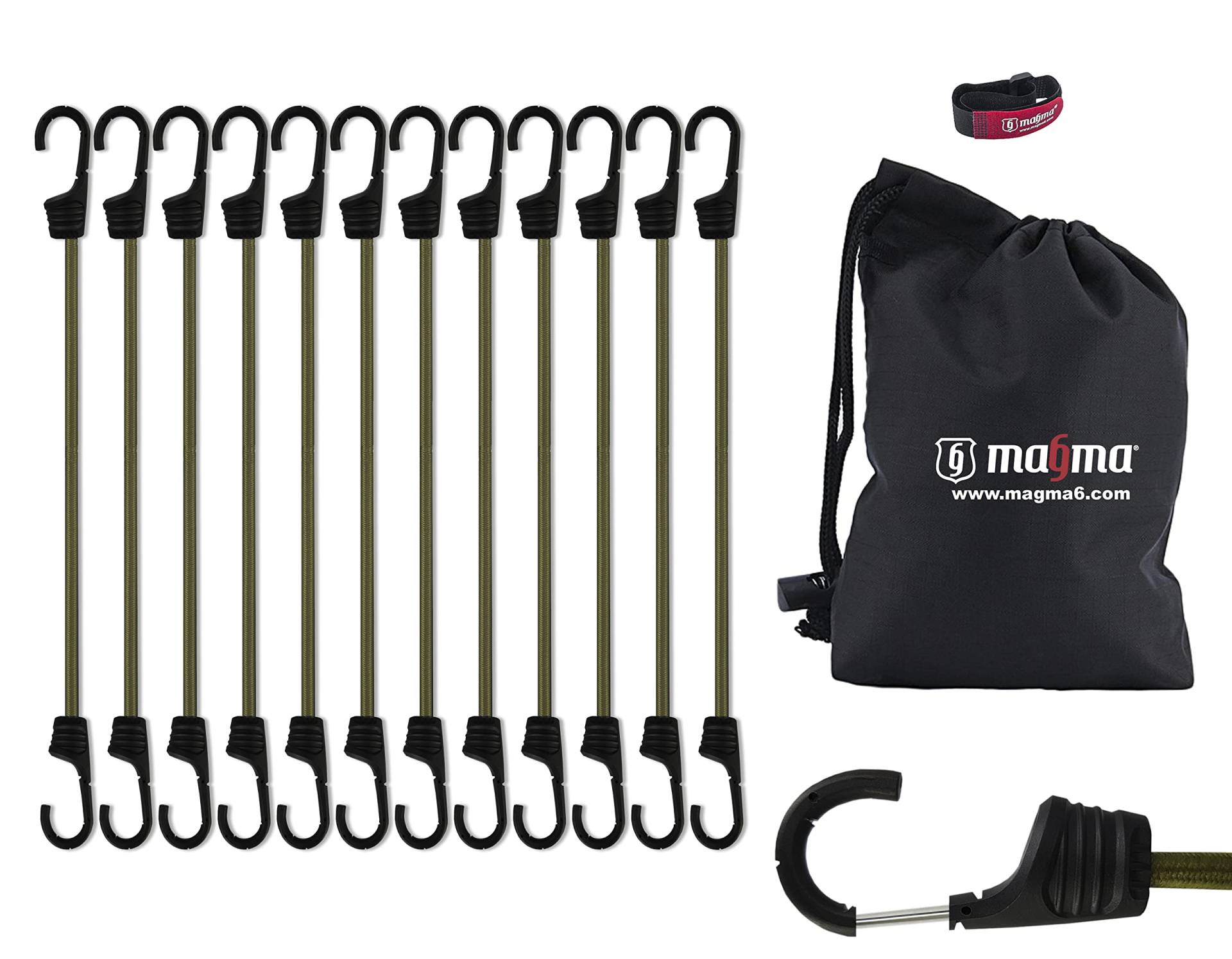 MAGMA Spanngummi 12er Set | Robuster Schnellspanner für Fahrrad, Auto, LKW, Anhänger & Garten Expander zur Sicherung von Tarps, Ladung und Planen Für Camping, Militär und Outdoor (30cm, Grün) von MAGMA