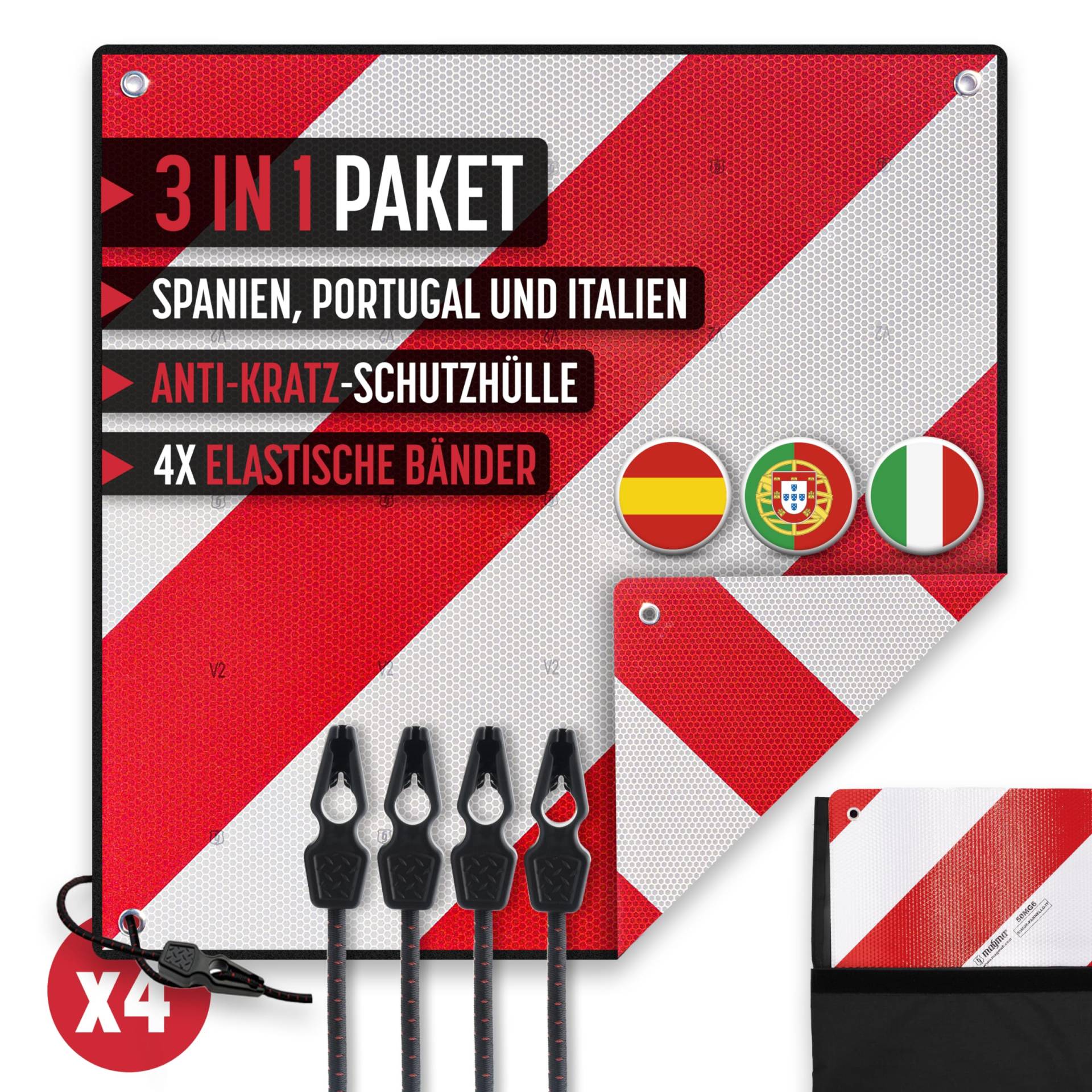 MAGMA | Warntafel Italien Fahrradträger | 3-Pack Warntafel Italien Spanien + 4 Spanngurte + Tasche Anti Kratzer | Warntafel Fahrradträger | Wohnmobil | Warnschild 50x50 cm | Schild Fahrrad Rot von MAGMA