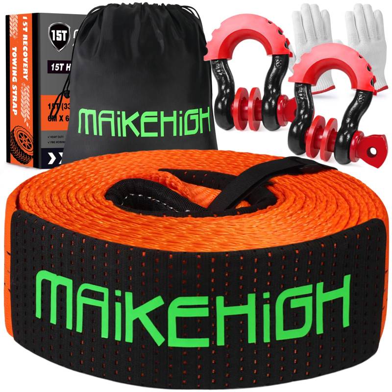 MAIKEHIGH Abschleppseil 15 Tonnen (33,700 Lbs), 6M x 6,7cm Abschleppgurt mit 2 Verbesserten Schäkeln Haken, 2 Handschuhen für Auto, LKW, SUV, Offroad (Orange) von MAIKEHIGH