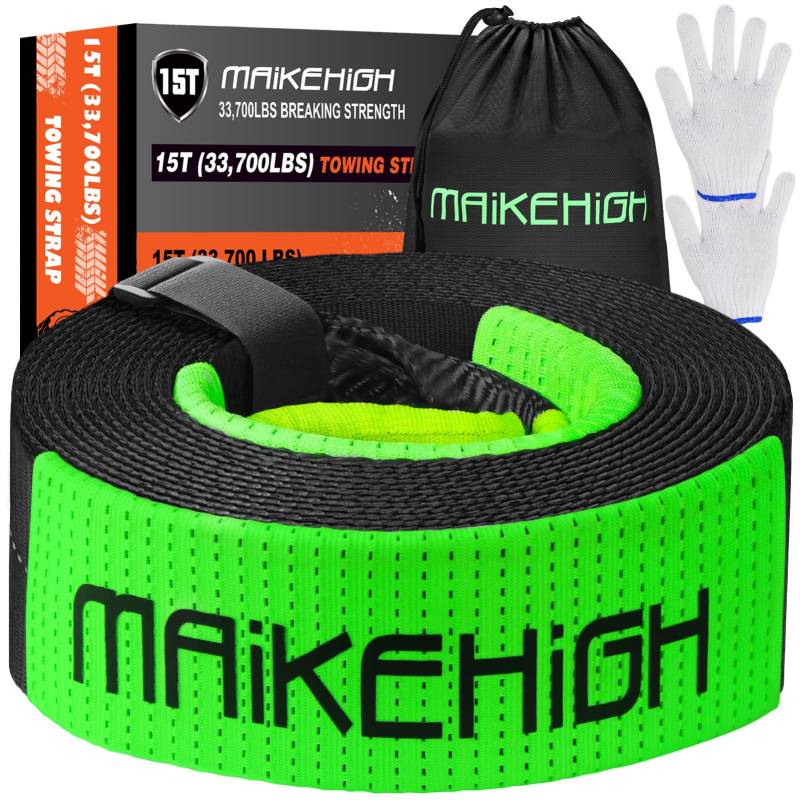 MAIKEHIGH Abschleppseil 15 Tonnen (33,700 Lbs), 6M x 7,6cm Abschleppgurt mit 2 Handschuhen für Auto, LKW, SUV, Offroad (Schwarz) von MAIKEHIGH