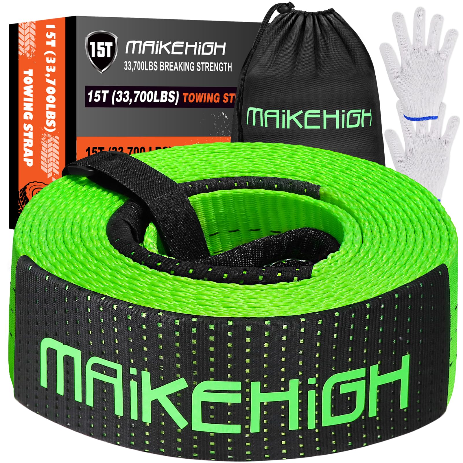 MAIKEHIGH Abschleppseil 6M x 7,6cm 15 Tonnen (33,700 Lbs), Offroad Abschleppgurt mit 2 Handschuhen für Auto, LKW, SUV (Grün) von MAIKEHIGH