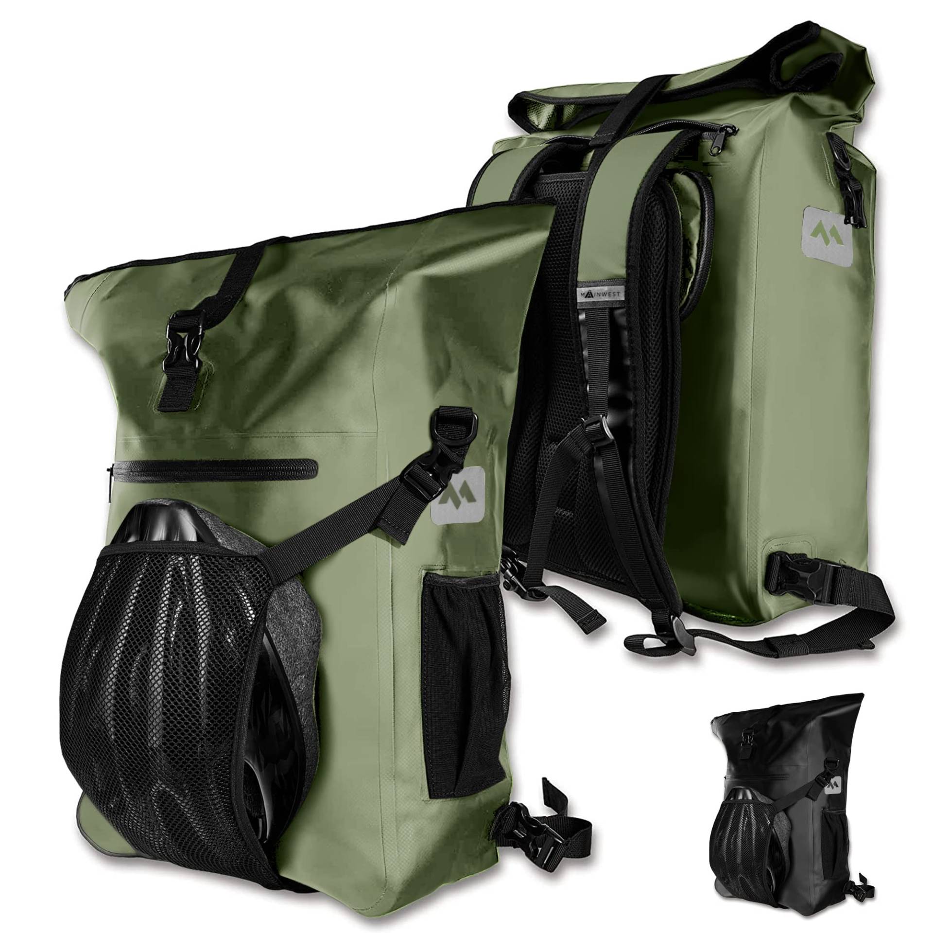 MAINWEST 3in1 Fahrradtasche für Gepäckträger 27L mit integr. Helmnetz Rucksack - Umhängetasche - Wasserdicht - Gepäckträgertasche Laptopfach bis 17" (Olivgrün) von MAINWEST