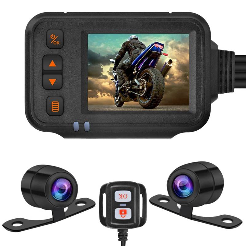 MAKIVI Motorrad Kamera Dash Cam, 2Zoll IPS Bildschirm 1080P + 720P Dual AHD Fahrrad Dashcam G-Sensor Parken Rekorder Schwarz von MAKIVI