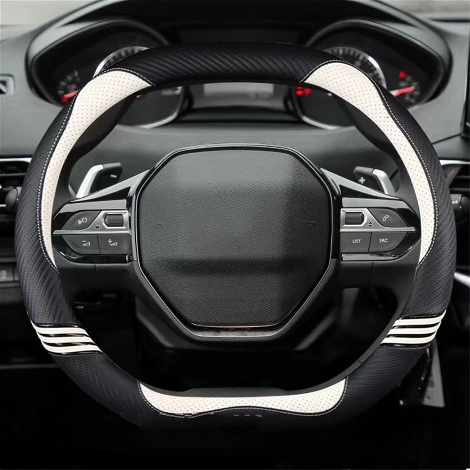 Auto-Lenkradabdeckung Für Peugeot 508 3008 GT 4008 5008 2017 2018 2019 E 2008 2020 2021 Auto Zubehör Carbon Faser Leder Auto Lenkrad Abdeckung Lenkradschutzhülle(Weiß) von MALTAY