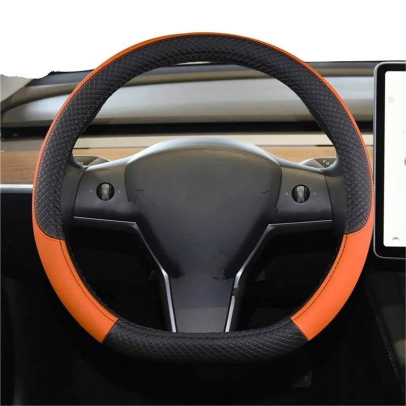 Auto-Lenkradabdeckung Für Tesla Für Modell 3 2016 2017 2018 2019 2020 2021 2022 2023 Auto Lenkrad Abdeckung PU Leder Nicht-Slip Auto Zubehör Lenkradschutzhülle(Orange) von MALTAY